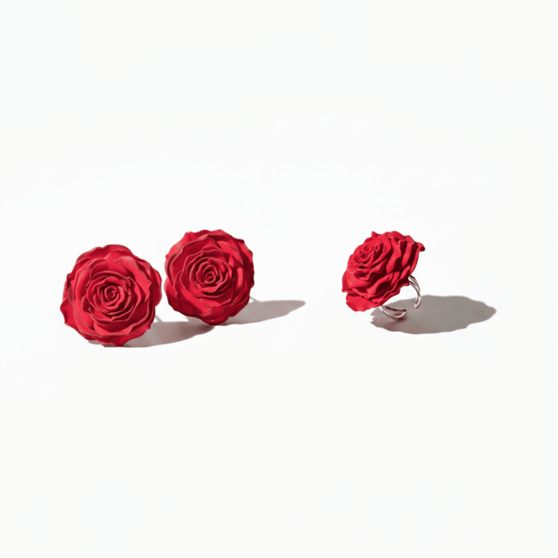 Conjunto Pendientes + Anillo Rosa Carmesí