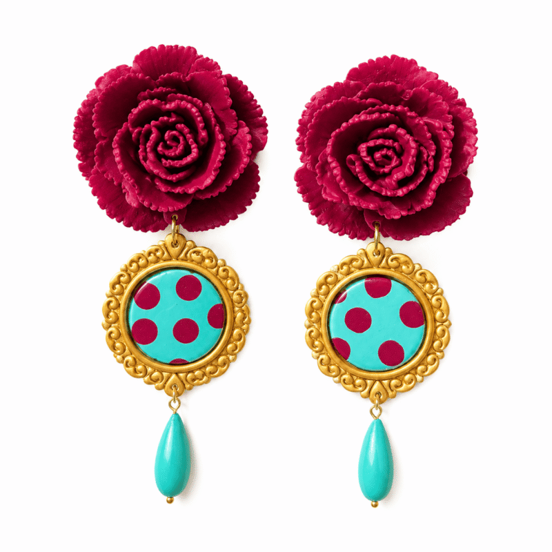 Pendientes Clavel Burdeos & Camafeo Turquesa